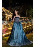Navy Blue Strapless A-Line Beading Satin long Formal Party Dress HZ0319