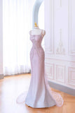 Light Pink Straps Off Shoulder Beading Mermaid Long Formal Party Dress, HZ0319
