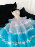 Gorgeous Sparkling Blue Sequin A-Line Elegant Chiffon Evening Dress Prom Dresses Ball Gown HZ0319