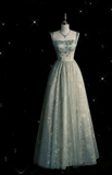 Light Blue Straps A-Line Tulle Lace Long Formal Prom Dress HZ0319