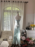 Retro Light Green Sparkling Beaded Spaghetti Strap Design Elegant Chiffon Evening Dress Prom Dress HZ0319