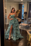 Glitter Blue Strapless A-Line Lace Tiered Long Prom Dress with Split HZ0319