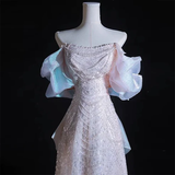 Light Pink Off Shoulder A-Line Sequins Pearls Long Formal Party Dress HZ0319