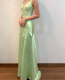 Green V Neck Straps Appliques Long Evening Party Dress HZ0319