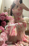 Retro Pink Floral Spaghetti Strap Design Elegant Chiffon Evening Dress Prom Dresses HZ0319