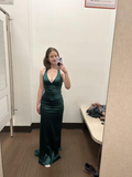 Green V Neck Mermaid Satin Long Party Dress Evening Gown HZ0319