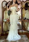 Elegant Ivory Strapless Tiered Mermaid Long Party Dress Birthday Gown HZ0319