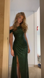 Green Off Shoulder Sheath Sequins Long Formal Party Dress HZ0319