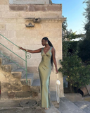 Green V Neck Straps Sheath Satin Long Party Dress Wedding Guest Dress, HZ0319