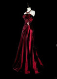 Wine Red Strapless A-Line Satin Long Prom Dress Vintage Evening Dresses, HZ0319
