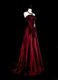 Wine Red Strapless A-Line Satin Long Prom Dress Vintage Evening Dresses, HZ0319
