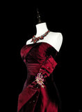 Wine Red Strapless A-Line Satin Long Prom Dress Vintage Evening Dresses, HZ0319