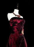 Wine Red Strapless A-Line Satin Long Prom Dress Vintage Evening Dresses, HZ0319