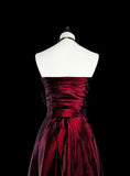Wine Red Strapless A-Line Satin Long Prom Dress Vintage Evening Dresses, HZ0319