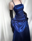 Royal Blue Spaghetti Straps A-Line Satin Vintage Long Party Dress Evening Dress, HZ0319