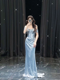 Light Blue Off Shoulder Mermaid Sequins Long Evening Party Dress Birthday Outfits, HZ0319