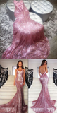 Shiny Pink Mermaid Sequins Backless Long Evening Party Dress Birthday Outfits, HZ0319