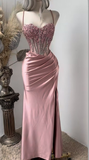 Charming Prom Dress Pink Spaghetti Straps Beaded Satin Long Evening Party Dress Birthday Outfits, HZ0319