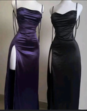 Purple Spaghetti Straps Sheath Satin Long Party Dresses Wedding Guest Dresses, HZ0319