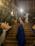 Blue Straps A-Line Satin Ruffles Long Formal Prom Dresses Birthday Dresses, HZ0319