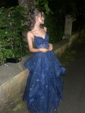 Shiny Navy Blue Spaghetti Straps A-Line Long Prom Dresses Birthday Dresses, HZ0319