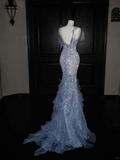 Blue Straps Ruffles Mermaid Beading Long Evening Dress Birthday Outfits, HZ0319