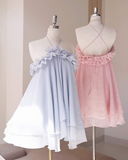 Light Blue Halter A-Line Chiffon Short Party Dresses Fashion Summer Dresses, HZ0319