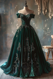 Elegant Green Off Shoulder A-Line Velvet Beaded Retro Evening Ball Gowns, HZ0319
