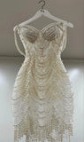 Gorgeous White Straps Sheath Lace Pearls Short Party Dresses Birthday Outfits, HZ0319