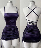 Purple Straps Sheath Satin Backless Homecoming Dresses Short Party Dresses, HZ0319