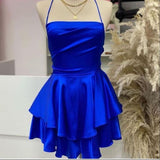 Royal Blue Straps A-Line Satin Simple Homecoming Dress Mini Birthday Outfits, HZ0319