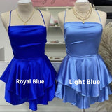 Royal Blue Straps A-Line Satin Simple Homecoming Dress Mini Birthday Outfits, HZ0319