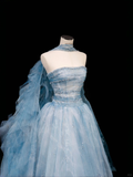 Gorgeous Blue Strapless A-Line Tulle Long Evening Dress Ball Gown Birthday Outfits, HZ0319