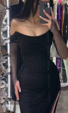 Black Off Shoulder Sheath Split Long Evening Party Dress, HZ0319