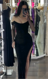 Black Off Shoulder Sheath Split Long Evening Party Dress, HZ0319