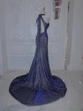 Shiny Navy Halter Backless Mermaid Satin Long Formal Prom Dress, HZ0319