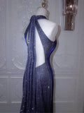 Shiny Navy Halter Backless Mermaid Satin Long Formal Prom Dress, HZ0319