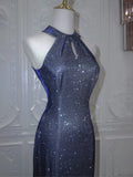 Shiny Navy Halter Backless Mermaid Satin Long Formal Prom Dress, HZ0319