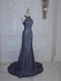 Shiny Navy Halter Backless Mermaid Satin Long Formal Prom Dress, HZ0319