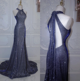 Shiny Navy Halter Backless Mermaid Satin Long Formal Prom Dress, HZ0319