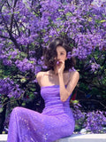 Purple Spaghetti Straps Sequins Mermaid Long Party Dress, HZ0319