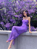 Purple Spaghetti Straps Sequins Mermaid Long Party Dress, HZ0319