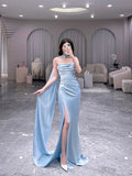 Light Blue Strapless Sheath Satin Long Evening Party Dress, HZ0319