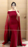 Wine Red Off Shoulder Mermaid Satin Long Party Dress, HZ0319