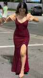 Shiny Burgundy Straps Sheath Long Party Dress Evening Gown, HZ0319