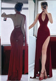 Burgundy Halter V Neck Sheath Split Sexy Long Party Dress, HZ0319