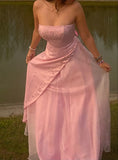 Pink Strapless A-Line Vintage Long Party Dress Wedding Guest Dress, HZ0319