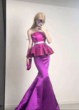 Unique Strapless Mermaid Satin Barbie Pink Long Evening Party Dress, HZ0319