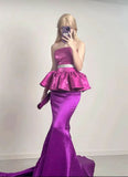 Unique Strapless Mermaid Satin Barbie Pink Long Evening Party Dress, HZ0319