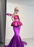 Unique Strapless Mermaid Satin Barbie Pink Long Evening Party Dress, HZ0319